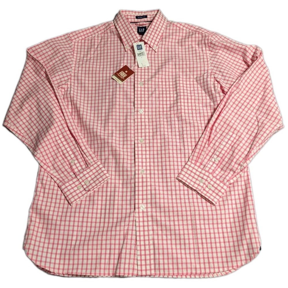 NWT GAP Stress Free Dress Shirt Mens 16-16.5 L Pink Gingham Classic Fit Cotton